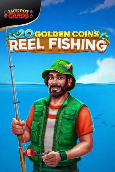 Spelplaatje van 20 Golden Coins: Reel Fishing met gouden munten en een hengel