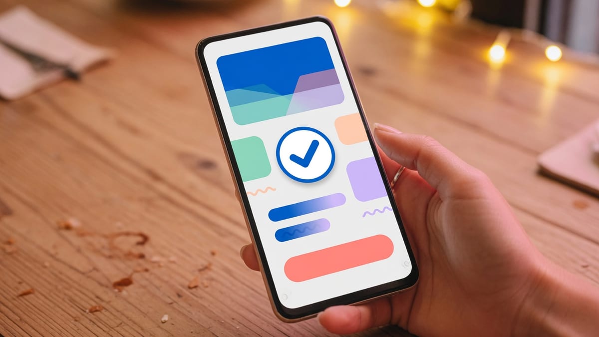 Smartphone met een abstract betaalscherm en een blauw vinkje in een hand boven een cafétafel