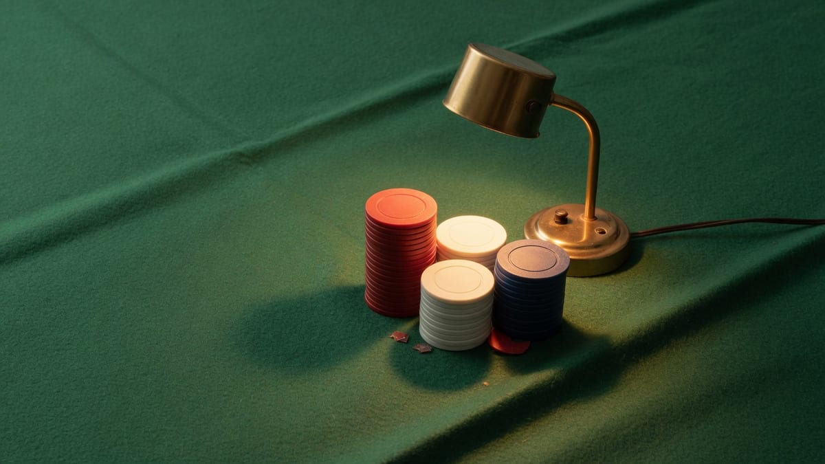 Sfeerbeeld van een groene speeltafel met een warme koperen lamp