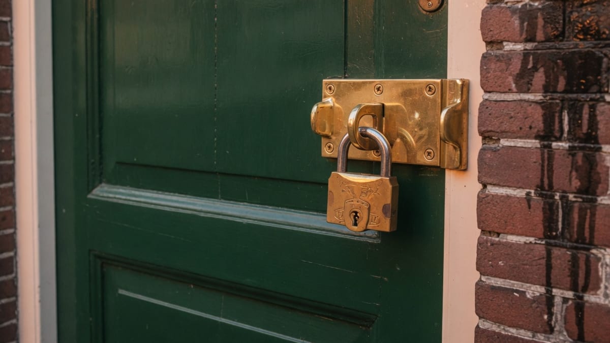 Donkergroene voordeur van een grachtenpand, afgesloten met een koperen hangslot, als beeld voor uitsluiting via CRUKS
