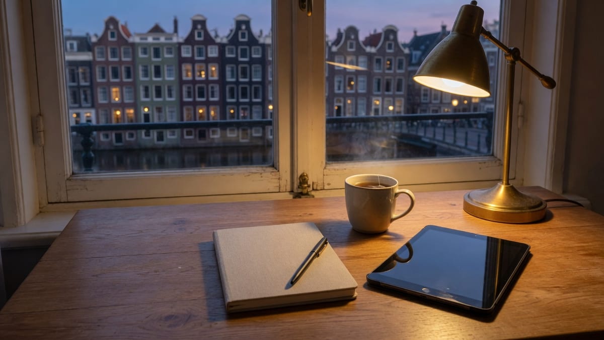 Notitieboek met pen, een uitgeschakelde tablet en een kop thee onder een warme bureaulamp, met uitzicht op grachtenpanden bij schemering