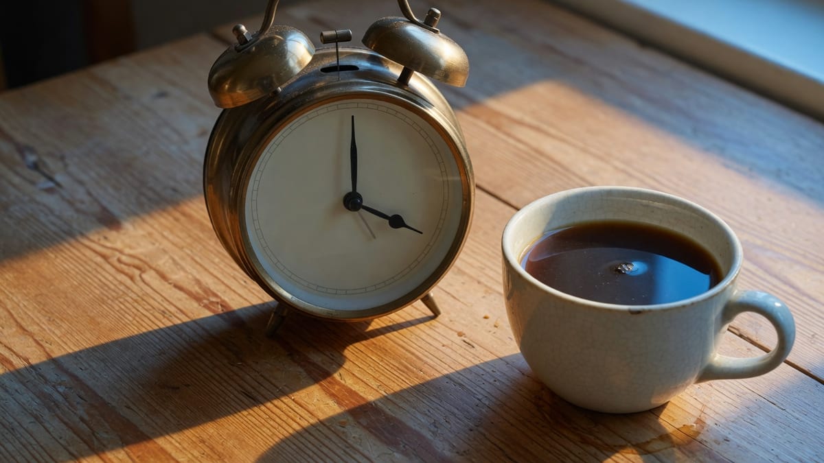 Wekker en een kop koffie op een tafel in ochtendlicht, symbool voor tijdsbeheer en verantwoord spelen