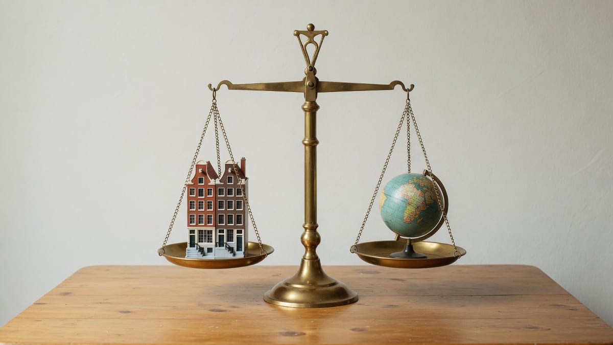 Koperen weegschaal met links een huisje en rechts een wereldbol, als beeld voor legaal versus offshore