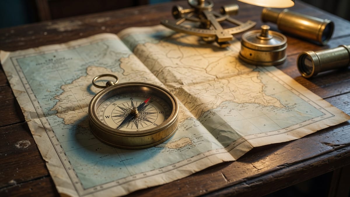 Koperen kompas op een oude zeekaart naast een sextant en verrekijkers op een houten bureau