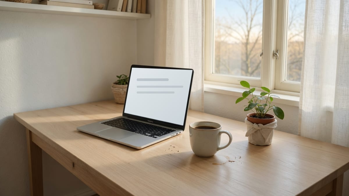Lichte werkplek met laptop, kop koffie en plant bij een raam in daglicht